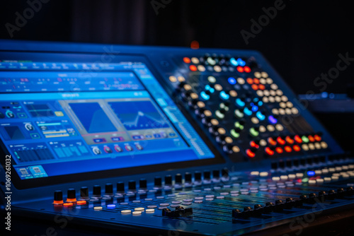 Fotografi Close-up view of a digital audio mixing console featuring an interactive display and colorful LED-lit knobs