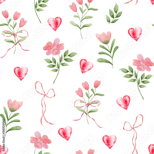 Wallpaper Mural Hand drawn watercolor flowers and ribbon bows, heart seamless pattern. Hand drawn floral decorative background print. Torontodigital.ca
