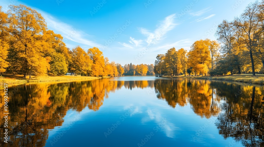 Obraz premium Tranquil lake bordered by vibrant autumn trees, their rich hues perfectly mirrored in the calm water. The scene captures the serene beauty of fall with a stunning reflection.
