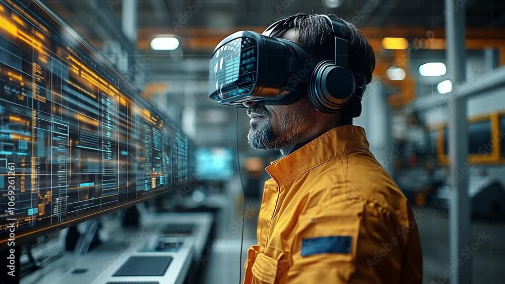 A technician wearing virtual reality headset interacts with digital technology at a modern facility A technician wearing virtual reality headset interacts with digital technology at a modern facility