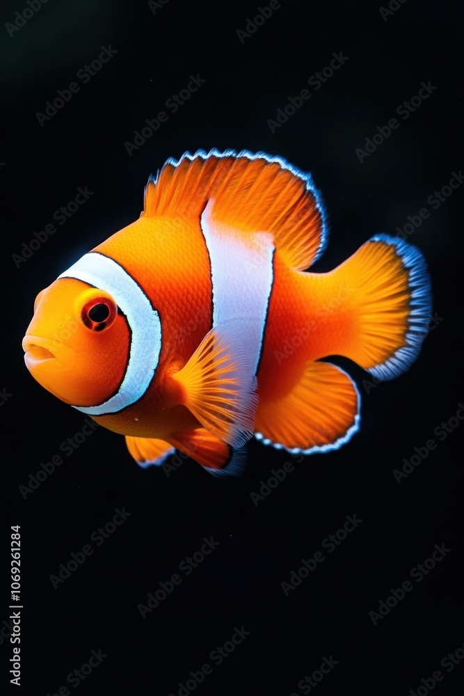 Naklejka premium Vibrant orange clownfish swimming in the dark waters