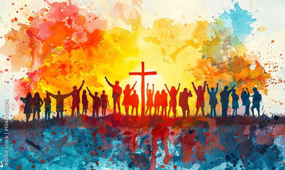 In a heartfelt display of devotion, worshipers gather with arms raised, united in prayer and celebration of faith on Good Friday, creating a colorful atmosphere of joy and hope In a heartfelt display of devotion, worshipers gather with arms raised, united in prayer and celebration of faith on Good Friday, creating a colorful atmosphere of joy and hope