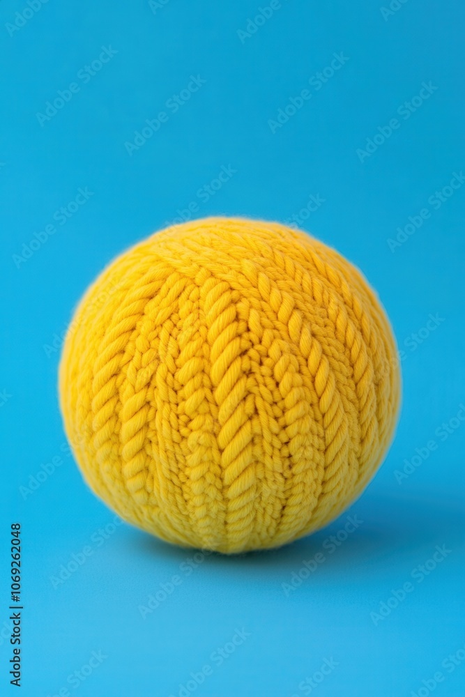 Vibrant yellow knitted ball on a bright blue background Vibrant yellow knitted ball on a bright blue background