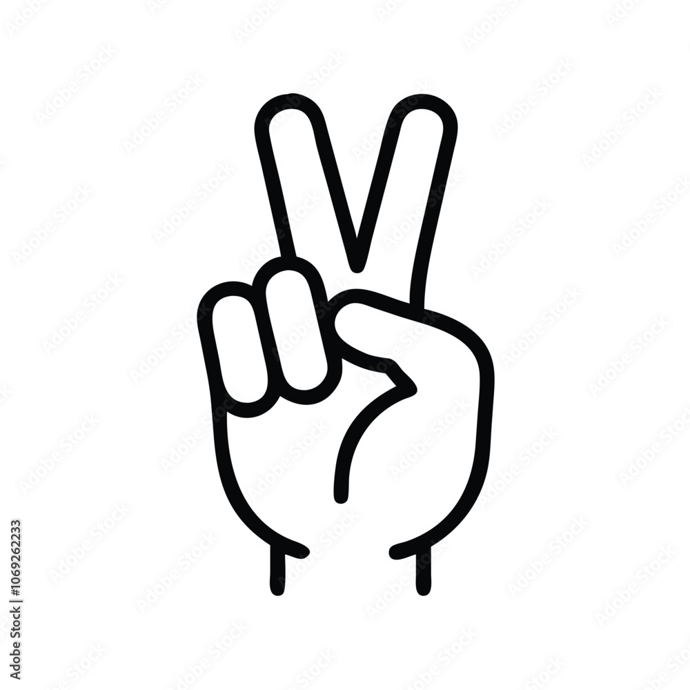 Obraz premium Black Outline Peace Hand Gesture Icon, Simple black outline of a hand making the peace or victory sign, ideal for minimalist designs and symbolic representations. 