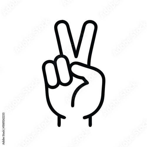 Black Outline Peace Hand Gesture Icon, Simple black outline of a hand making the peace or victory sign, ideal for minimalist designs and symbolic representations. 