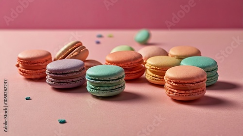 A vibrant assortment of macarons arranged on a pink background, showcasing their delightful colors.