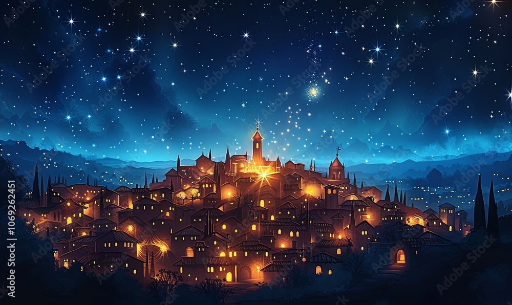Under a dazzling night sky filled with stars, a brilliant comet shines over Bethlehem, casting light on the manger where baby Jesus lies, highlighting the joy of the nativity Under a dazzling night sky filled with stars, a brilliant comet shines over Bethlehem, casting light on the manger where baby Jesus lies, highlighting the joy of the nativity