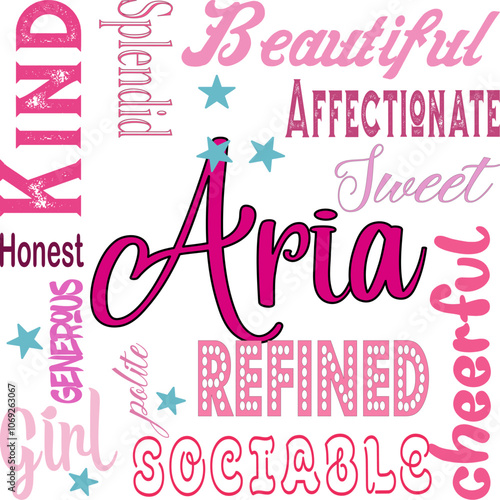 Aria - written proper name surrounded by adjectives. modern vector graphics - quarcode style - pink color - ideal for sublimation, cards,