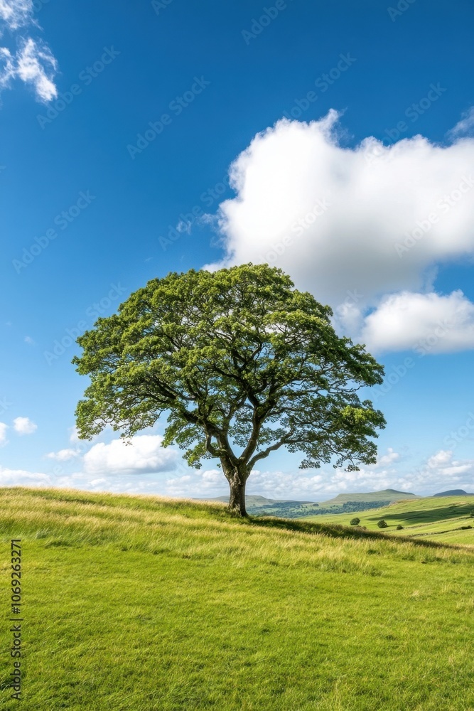 Lush green meadow with a majestic tree under a blue sky with fluffy clouds Lush green meadow with a majestic tree under a blue sky with fluffy clouds