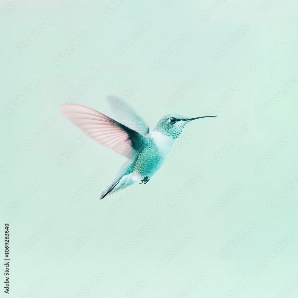 Hummingbird in flight against a soft turquoise background Hummingbird in flight against a soft turquoise background
