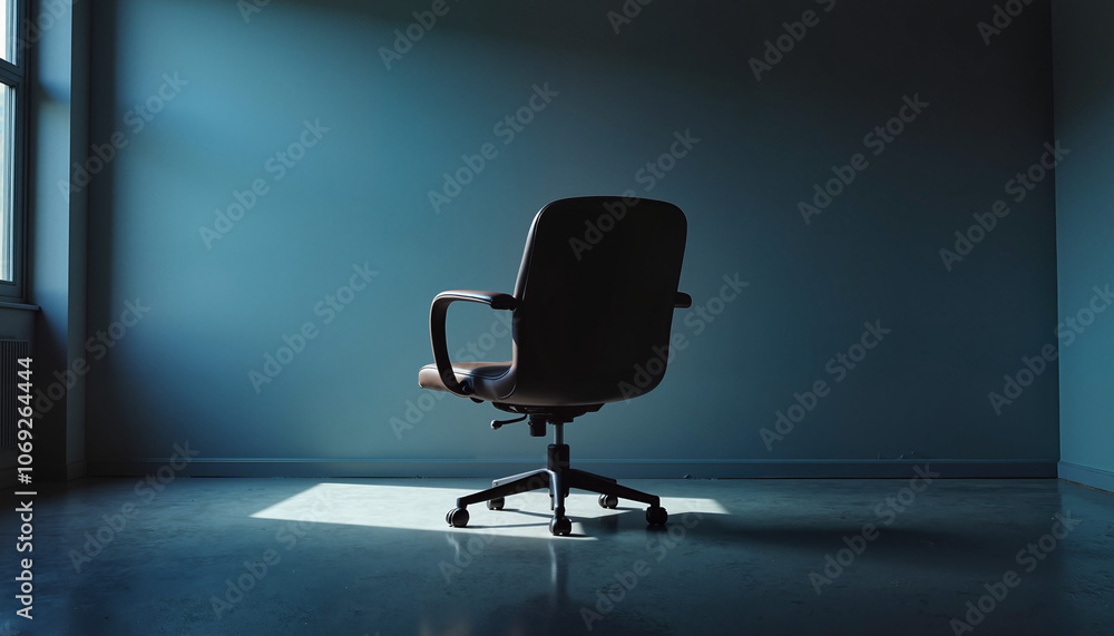 Solitary office chair in a softly lit room, evoking themes of solitude and contemplation, copy space Solitary office chair in a softly lit room, evoking themes of solitude and contemplation, copy space