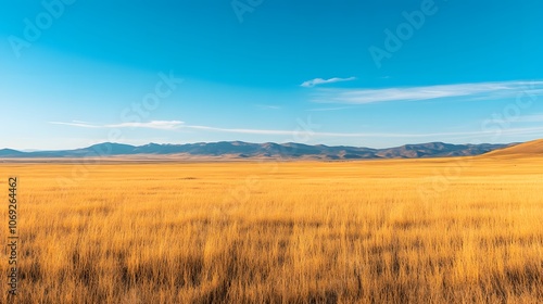 Vast open plains with golden grass swaying in the wind, under a clear blue sky, with a distant mountain range creating a picturesque backdrop. photo