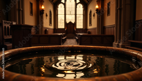 Ornate baptismal font with rippling water in a softly lit church interior, conveying tranquility and spirituality, copy space  photo