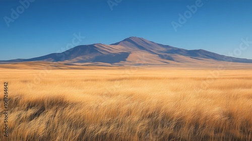 Vast open plains with golden grass swaying in the wind, under a clear blue sky, with a distant mountain range creating a picturesque backdrop. photo