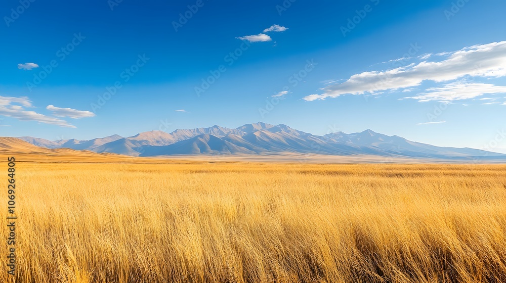 Vast open plains with golden grass swaying in the wind, under a clear blue sky, with a distant mountain range creating a picturesque backdrop. Vast open plains with golden grass swaying in the wind, under a clear blue sky, with a distant mountain range creating a picturesque backdrop.