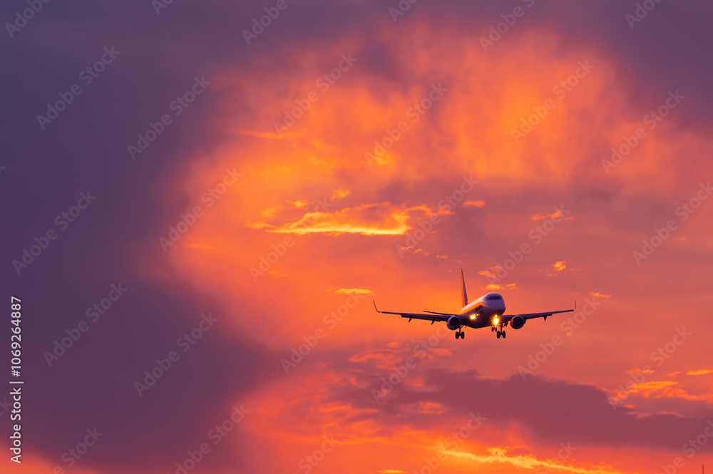 plane lands on the runway during the setting sun plane lands on the runway during the setting sun