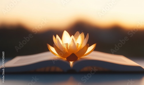 Glowing lotus flower blooming on an open book at sunset