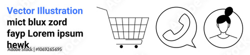 Shopping cart icon next to a phone call symbol and a female user avatar in speech bubbles. Ideal for e-commerce, customer service, user profiles, contact centers, shopping apps, website banners