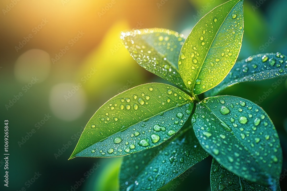 close-up of a lush green plant with dew drops on the leaves close-up of a lush green plant with dew drops on the leaves