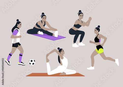 This creative representation captures a female athlete engaging in multiple fitness routines, including stretching, running, and yoga, reflecting strength, health, and versatility