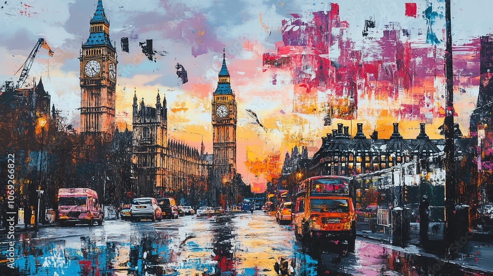 A vibrant, abstract painting of the Houses of Parliament in London with a double-decker bus on a rainy day. A vibrant, abstract painting of the Houses of Parliament in London with a double-decker bus on a rainy day.