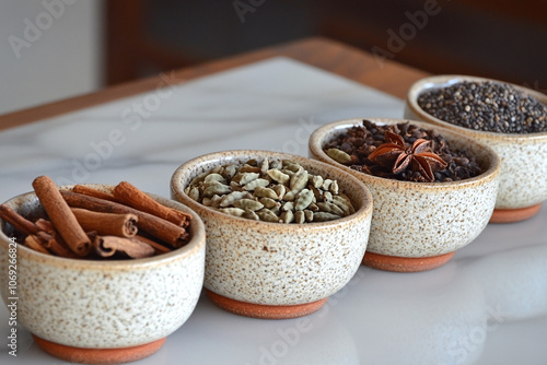 aromatic spices like cardamom, cinnamon, and cloves in small bowls. photo