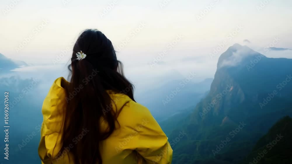 Woman smiling while admiring misty mountains and lush green valleys at sunrise, evoking tranquility and natural wonder 4K video Woman smiling while admiring misty mountains and lush green valleys at sunrise, evoking tranquility and natural wonder 4K video