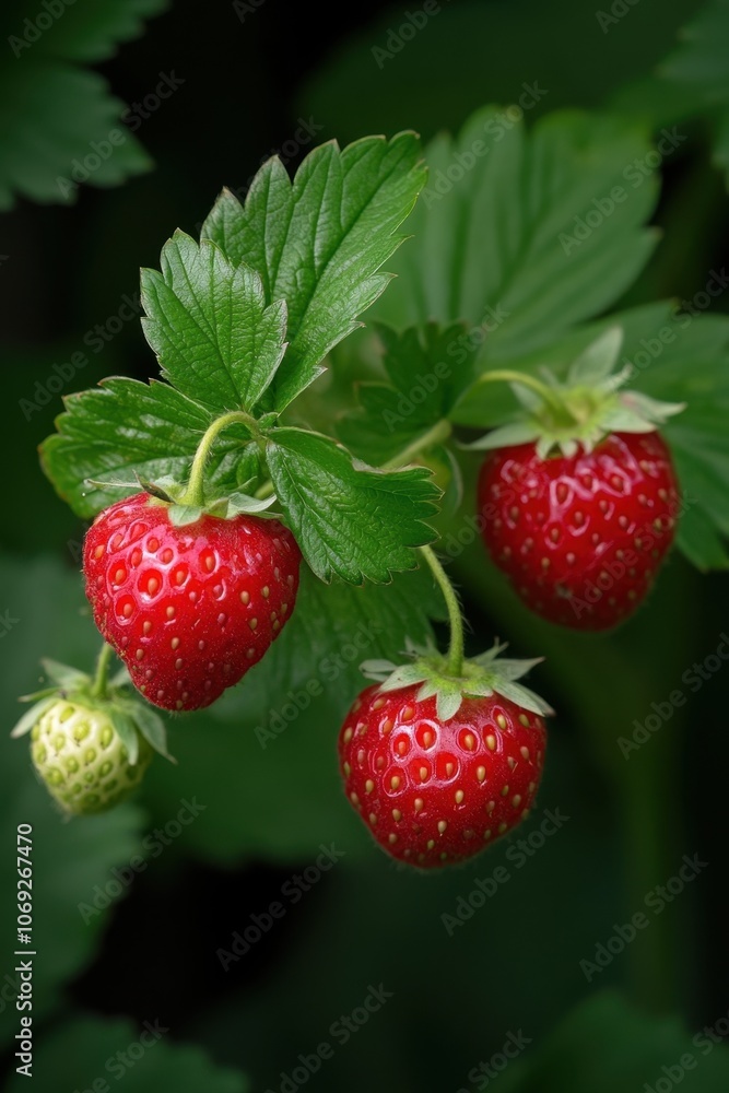 Ripe red strawberries growing on the vine with green leaves Ripe red strawberries growing on the vine with green leaves