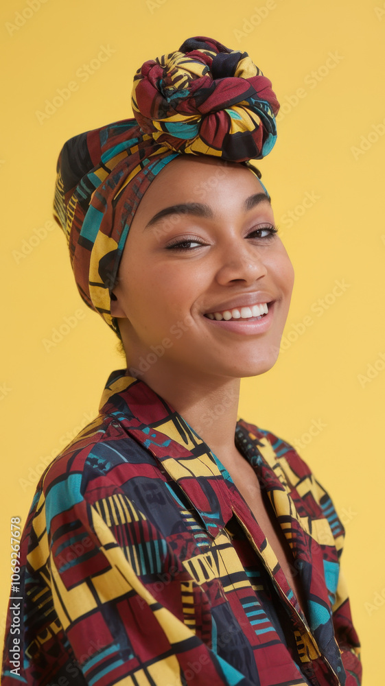 A young Black woman with a joyful smile, wearing a vibrant patterned head wrap and matching outfit against a bright yellow background. A young Black woman with a joyful smile, wearing a vibrant patterned head wrap and matching outfit against a bright yellow background.