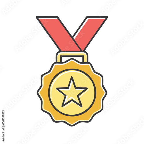 Gold Medal with Red Ribbon and Star Icon, Illustration of a gold medal with a red ribbon and central star, representing achievement, honor, and excellence. 