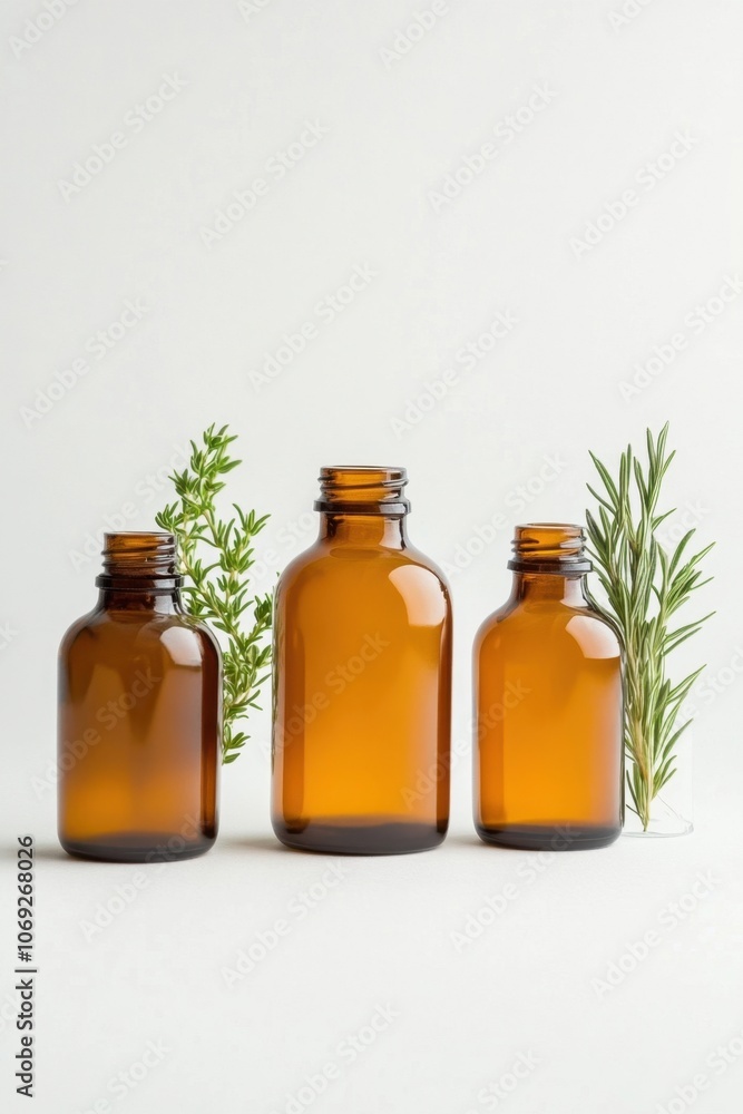 Amber glass bottles with fresh herbs on a white background Amber glass bottles with fresh herbs on a white background