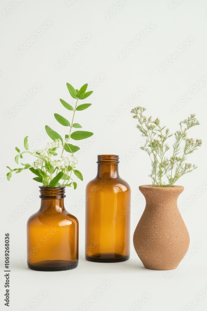 Assortment of glass bottles and ceramic vase with fresh green plants Assortment of glass bottles and ceramic vase with fresh green plants