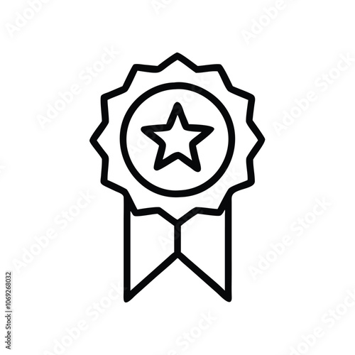 Award Ribbon Icon with Star Outline, Black and white outline of an award ribbon with a star symbol, representing achievement, honor, or first place. 