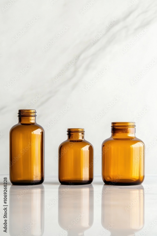 Amber glass bottles on reflective surface Amber glass bottles on reflective surface