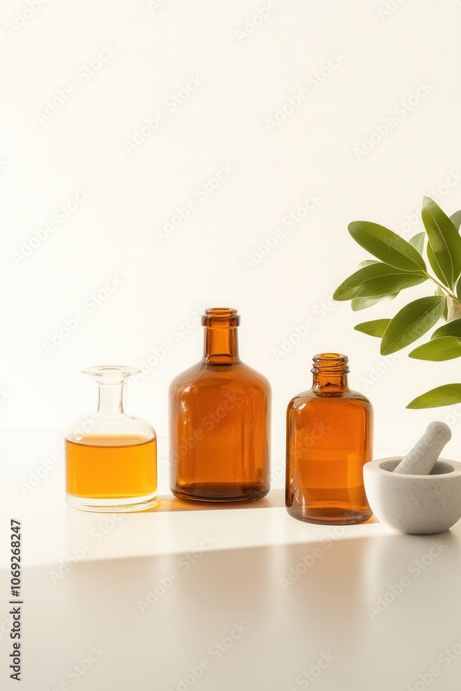 Assortment of amber glass bottles and jars with natural leaves Assortment of amber glass bottles and jars with natural leaves