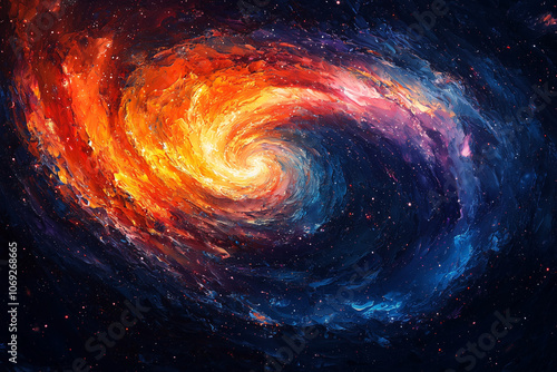 abstract galactic swirl of burning oranges and calm blues depicts a star's birth