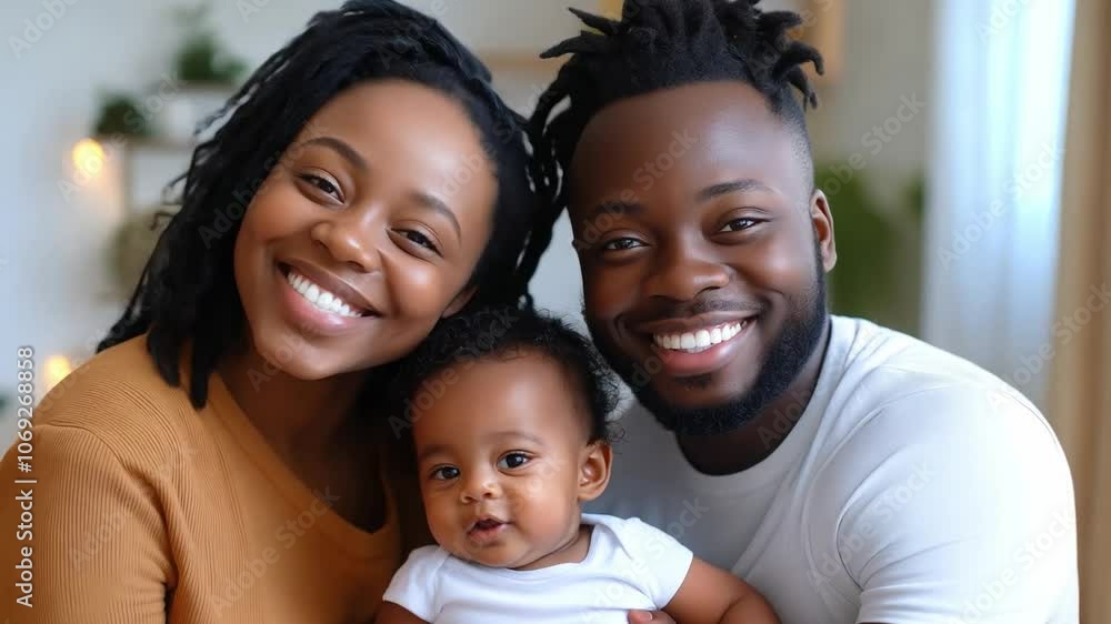 A cheerful black couple smiles lovingly while holding their adorable baby, capturing a moment of joy and togetherness in their cozy home A cheerful black couple smiles lovingly while holding their adorable baby, capturing a moment of joy and togetherness in their cozy home