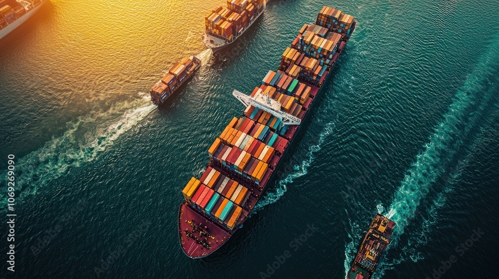 Aerial View of Cargo Ships and Tugboats Navigating Ocean Waters with Vibrant Containers at Sunset