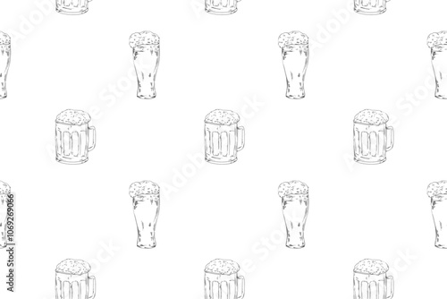 Beer glass, mug vector line illustration doodle food drink alcohol bar pub seamless pattern textile design wrapping paper Octoberfest holidays weekend barbecue 