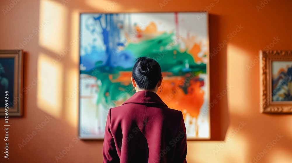 Crimson Coat & Abstract Canvas, A woman in a vibrant red coat stands captivated by a large abstract painting. The artwork features bold colors and dynamic shapes. Crimson Coat & Abstract Canvas, A woman in a vibrant red coat stands captivated by a large abstract painting. The artwork features bold colors and dynamic shapes.