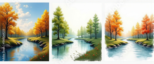 The three paintings show a serene landscape with a river and trees. The first painting features a sunset over the water, while the second shows a tree with leaves changing colors photo