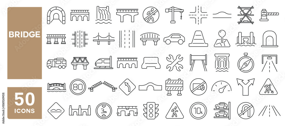 Set of 50 line icons related to bridge, highway, tunnel, road, structure, crossroad, street, landmark, Editable stroke. Vector illustration Set of 50 line icons related to bridge, highway, tunnel, road, structure, crossroad, street, landmark, Editable stroke. Vector illustration