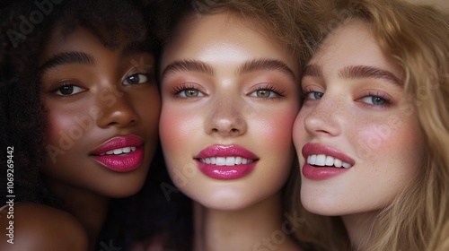 Three diverse women with bright pink lipstick smiling at the camera.