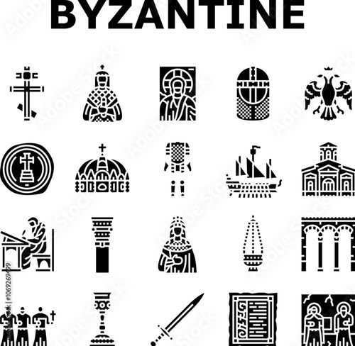 byzantium empire justinian icons set vector. hagia theodora, mosaics orthodox, iconoclasm nicaea, heraclius procopius, greek byzantium empire justinian glyph pictogram Illustrations