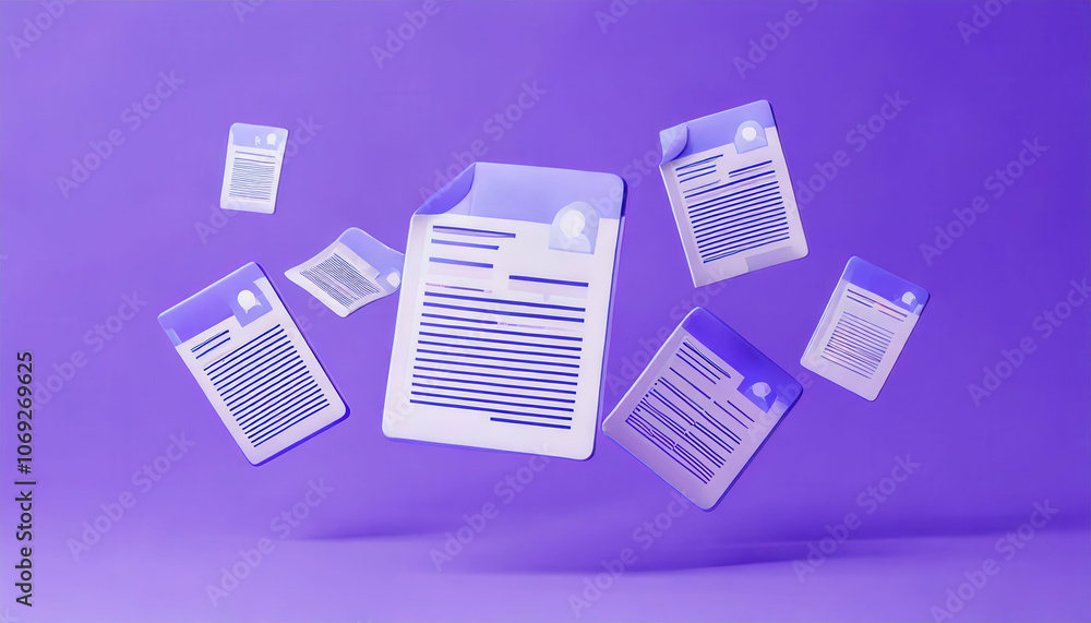 Floating documents in varying sizes against a vibrant purple background, showcasing a modern, digital vibe related to paperwork or digital organization. Floating documents in varying sizes against a vibrant purple background, showcasing a modern, digital vibe related to paperwork or digital organization.