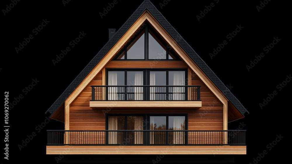Modern Wooden Chalet with Large Balconies and Black Roof Against Dark Background Modern Wooden Chalet with Large Balconies and Black Roof Against Dark Background