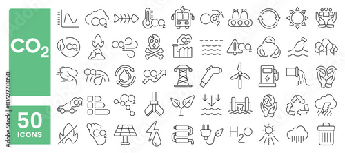 Set of 50 line icons related to co2, reduction, emissions, cloud, pollution, climate, carbon dioxide, eco, energy, Editable stroke. Vector illustration