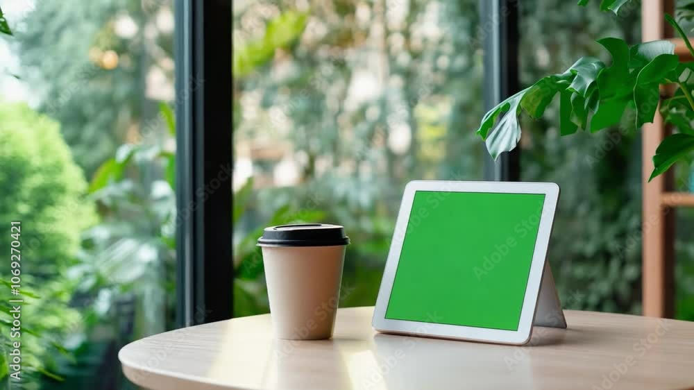 A tablet with a green screen is positioned on a wooden table at a cafe, creating mockup for online menu A tablet with a green screen is positioned on a wooden table at a cafe, creating mockup for online menu