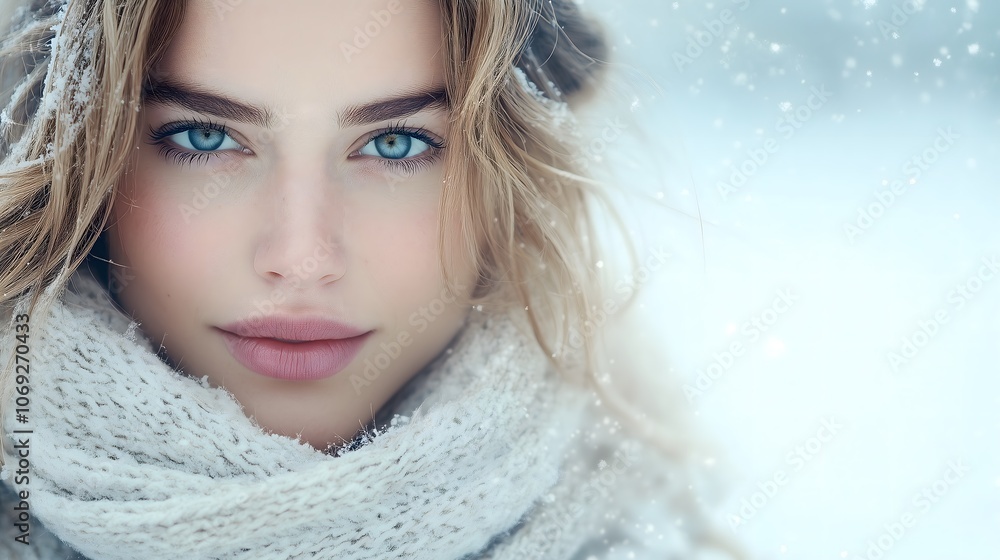 A young woman with bright blue eyes looks directly at the viewer while wrapped in a warm, knitted scarf. Snowflakes gently fall, creating a serene winter atmosphere around her. A young woman with bright blue eyes looks directly at the viewer while wrapped in a warm, knitted scarf. Snowflakes gently fall, creating a serene winter atmosphere around her.