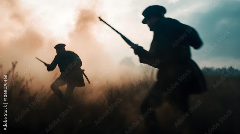 Two Napoleonic soldiers charging through a field, bayonets fixed, minimalist smoke in the background. Focused action with stark contrasts.
Two Napoleonic soldiers charging through a field, bayonets fixed, minimalist smoke in the background. Focused action with stark contrasts.
